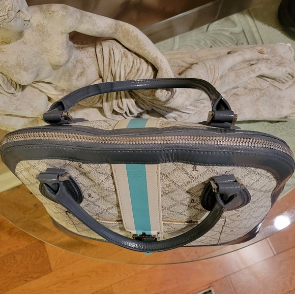 L.A.M.B. by Gwen Stefani Kingston Shadow Bowler Bag Leather Blue Stripe #427 - Picture 14 of 17